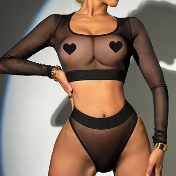 נשים סקסי לראות דרך רשת הלבשה תחתונה סט נמוך סקופ צוואר השרוול הארוך יבול למעלה גבוהה מותן תקצירים מפתה להגדיר Nightwear קרנבלים